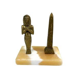 Vintage Brass Egyptian Mummy King Tut & Obelisk on Stone Figure Home Decor